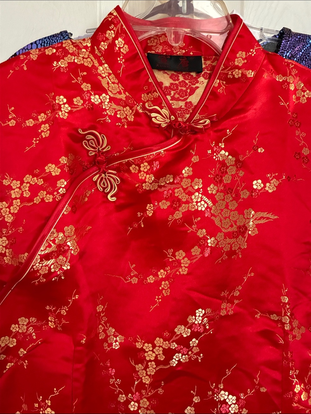 Red Satin Floral women’s Cheongsam Dress with Gold Accents - Picture 3 of 4
